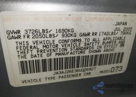 2006 Mitsubishi Lancer Es/Se from USA, damaged, VIN JA3AJ26E36U006827